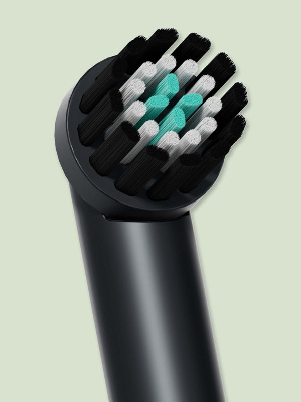 Close up of quip 360 oscillating toothbrush head in color black.