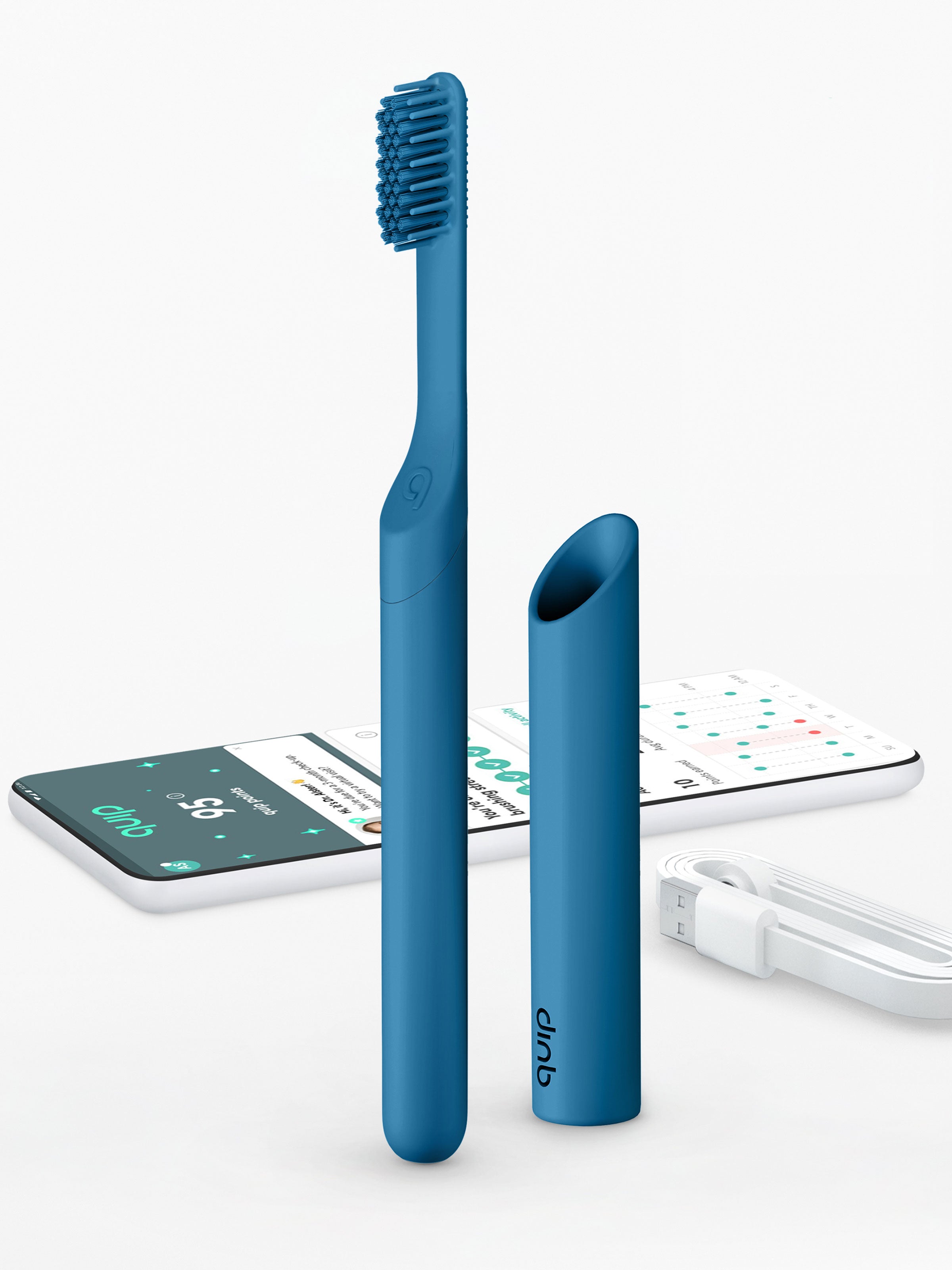 quip smart rechargeable sonic toothbrush in ocean blue standing next to a phone with the quip app open to sync your brush and automatically track brushing for rewards